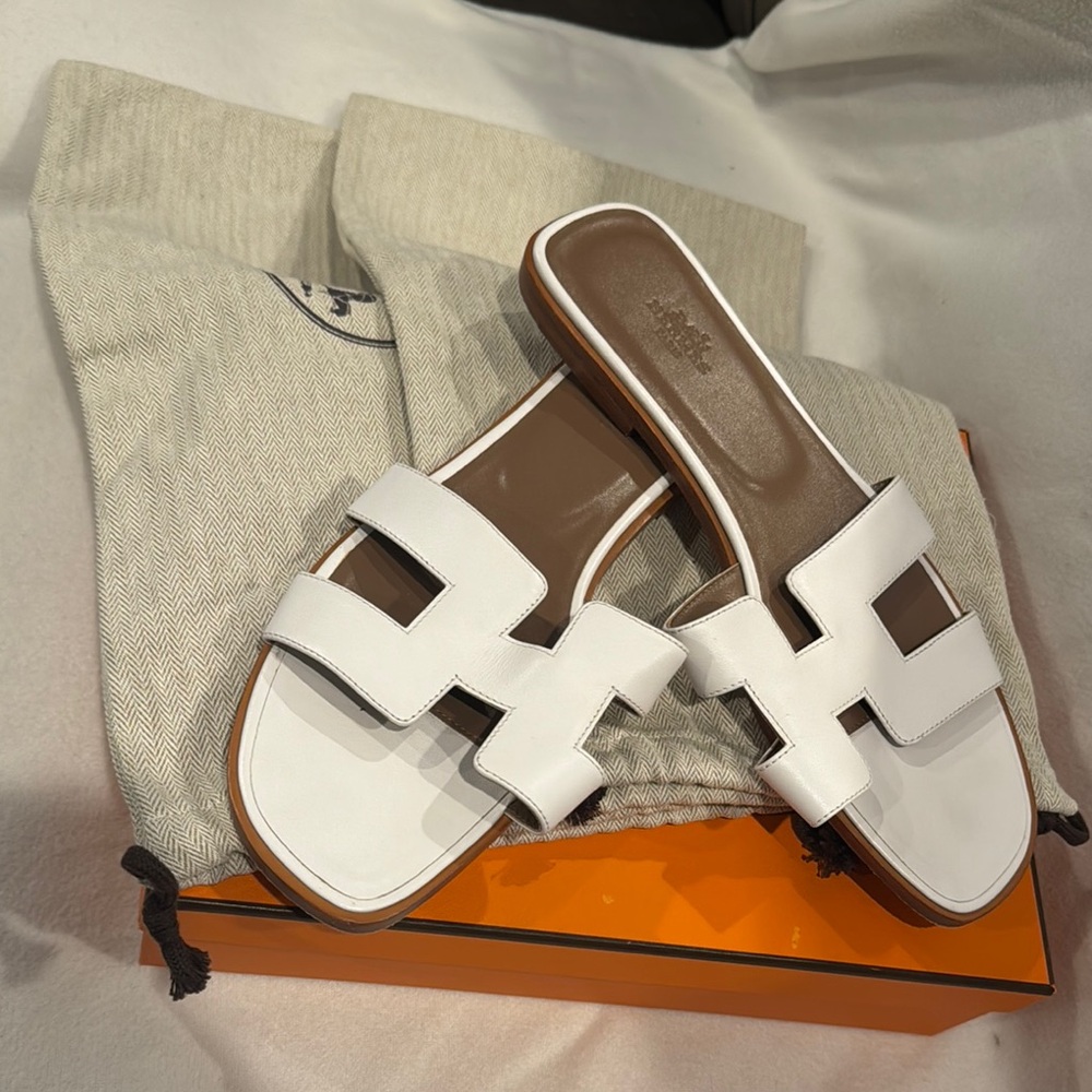 Hermes White and Brown Sandals with Iconic H Design